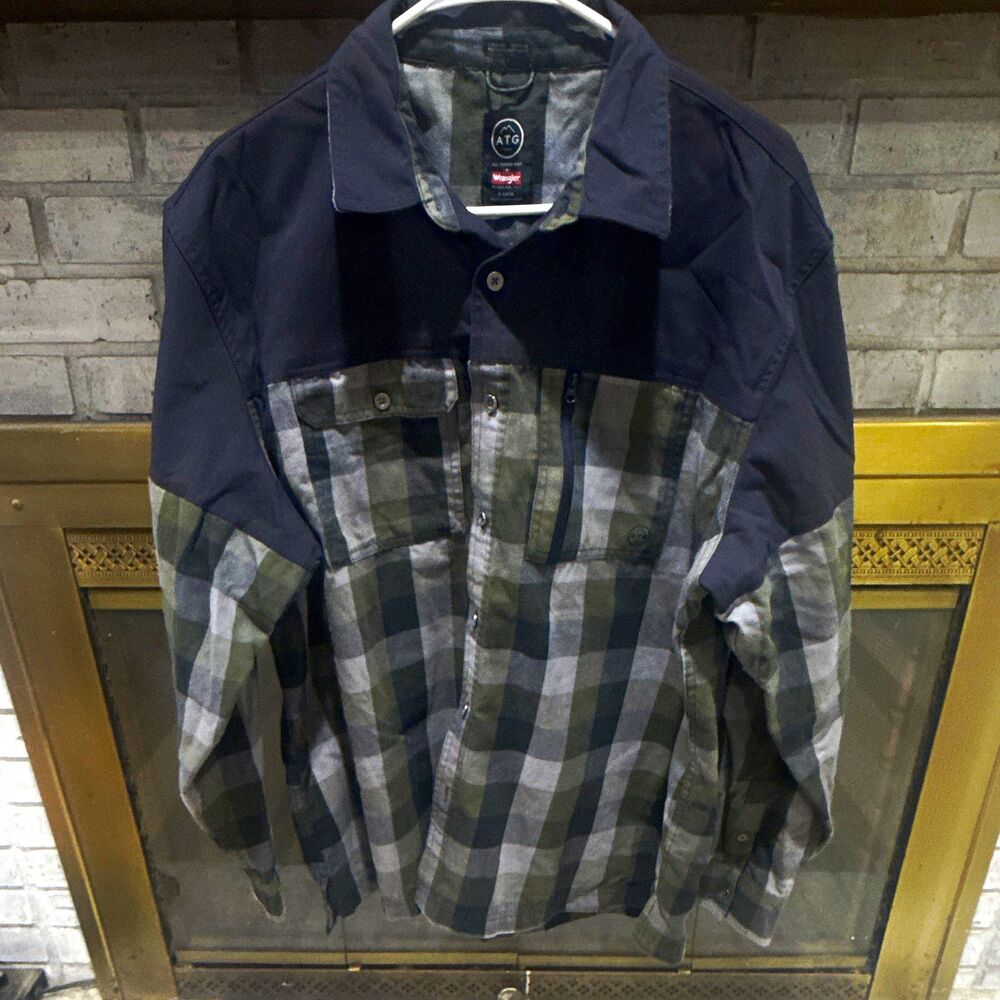 Wrangler ATG All Terrain Gear Men’s XL Green Gray Black Plaid Flannel Pockets